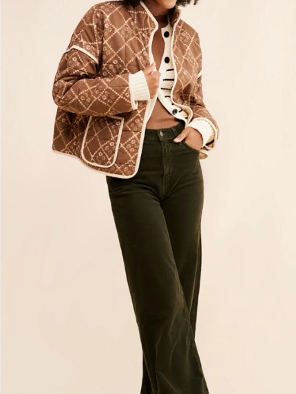 Free People Quilted Brown utility Jacket with Cream Trim - Picture 4 of 10